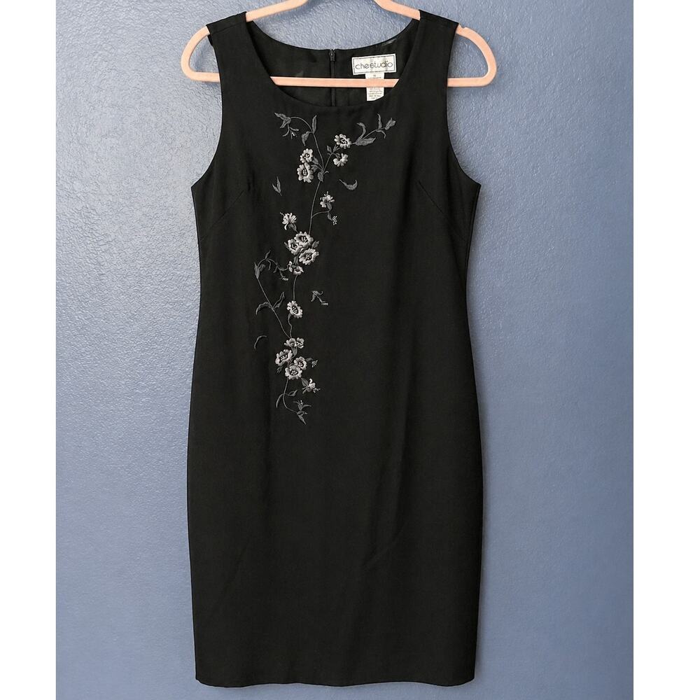 Che Studio Black Sleeveless Shift Dress Gray & Purple Floral Embroidery Size 14